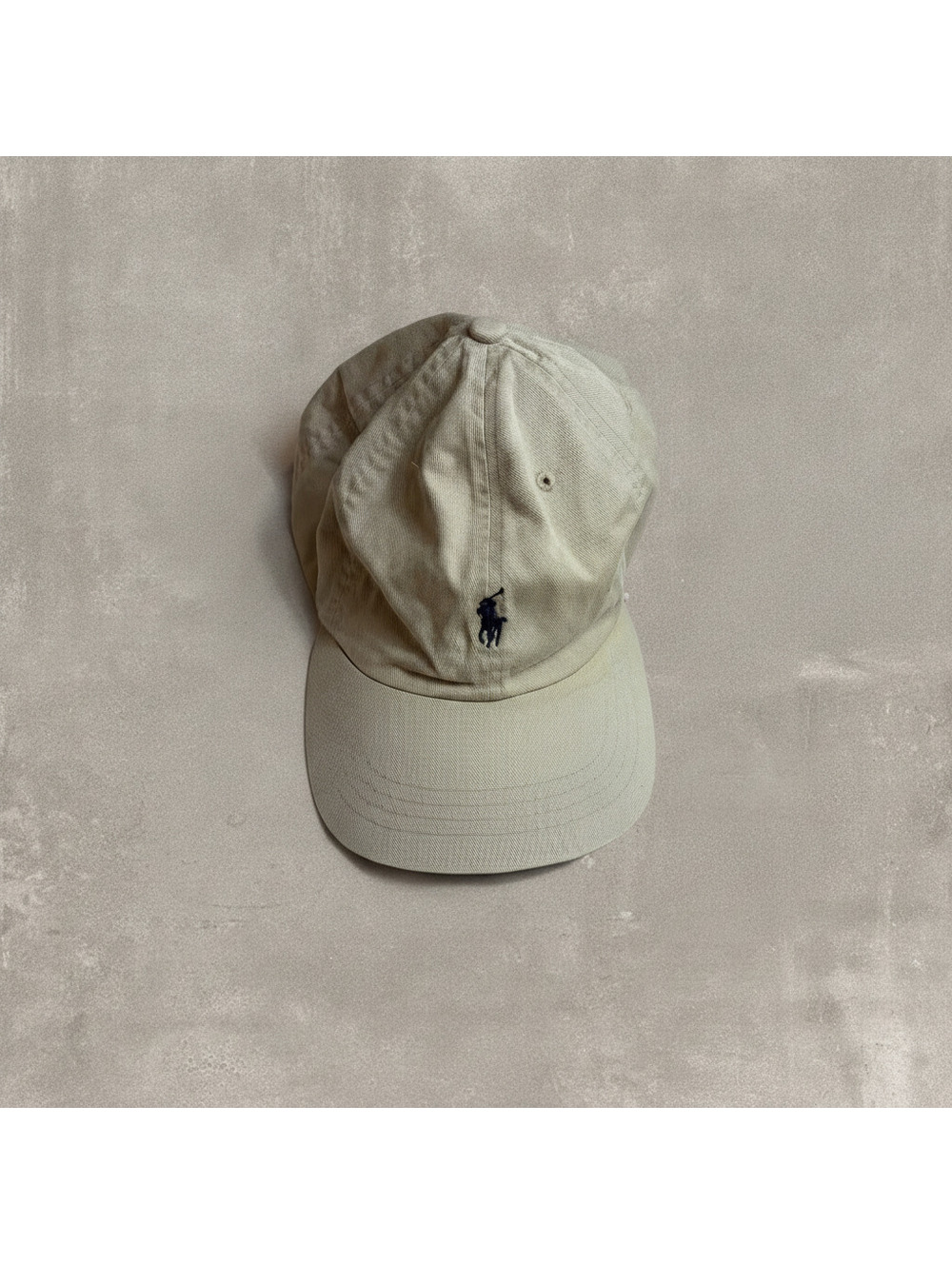 Vintage Polo Ralph Lauren Beige Leather Strapback Hat Navy Brim Pony Cap OSFA